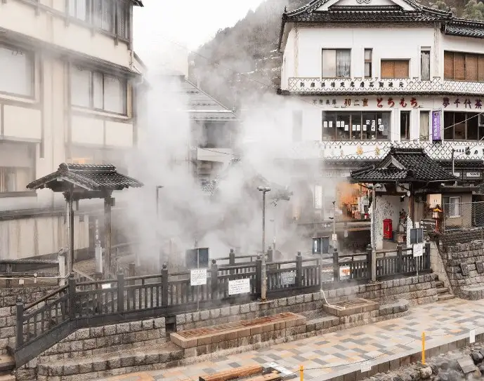 Steam rising over the Yumura Onsen hot-spring town